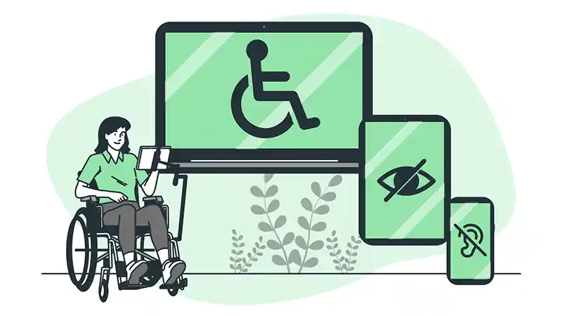 Illustrazione di una persona su sedia a rotelle che utilizza un dispositivo digitale, con simboli di accessibilità per disabilità visiva e uditiva.